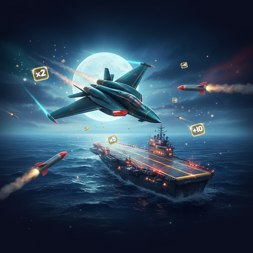 Aviamasters 2 — l'avion en plein vol collectant des multiplicateurs dorés et évitant des roquettes, prêt à atterrir sur le bateau pour décrocher le gain